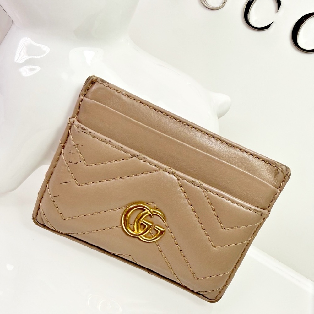 Gucci GG Marmont Card Case In Beige Calfskin Leather